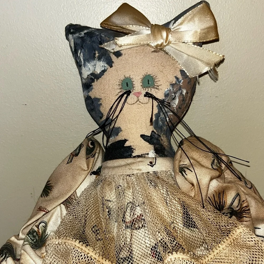 Vintage Folk Art Doll Cat Toy Handmade Fishing Theme - Picture 3 of 11